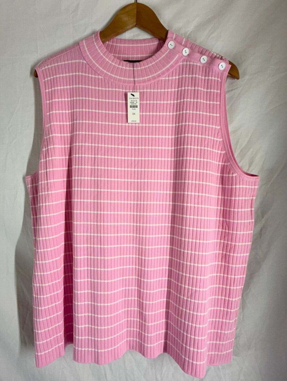 NWT Talbots Plus Size 3X Pink White Striped Sleeveless Sweater Top with Buttons